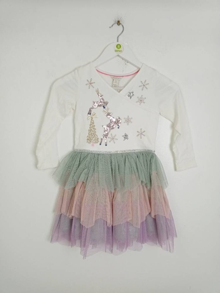 Monsoon Girls Sequin Embellish Long Sleeve Tier Dress Ivory Size: 5 - 6 Years