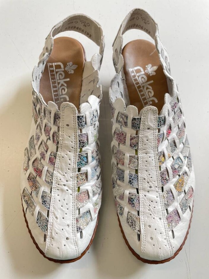 White & Rainbow Faux Leather Woven Heels - Rieker Size 6.5