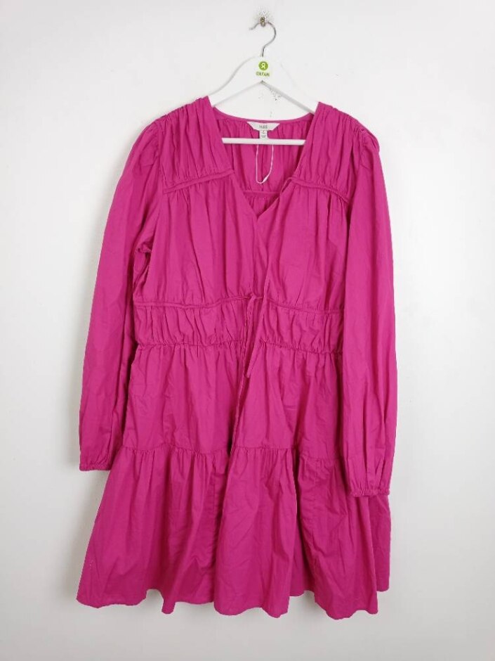 M&s 100%cotton New Women's Petite Tiered Dress Fuchsia Size: 18