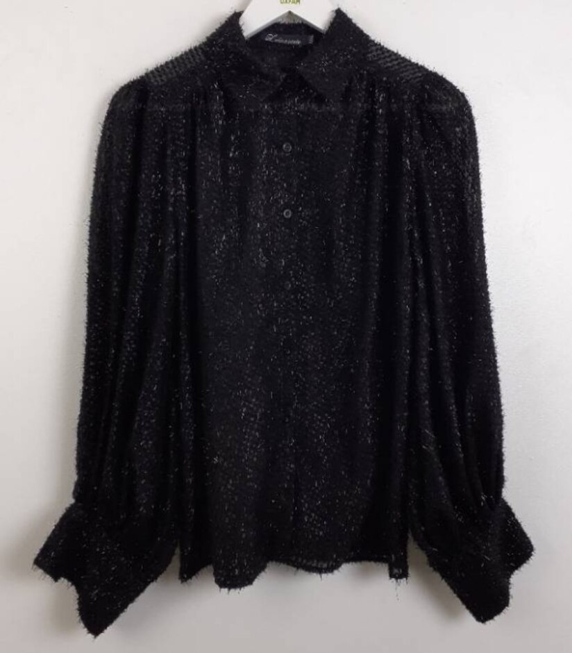 L'olive Verte Sheer Metallic Textured Shirt Black & Silver Size: M