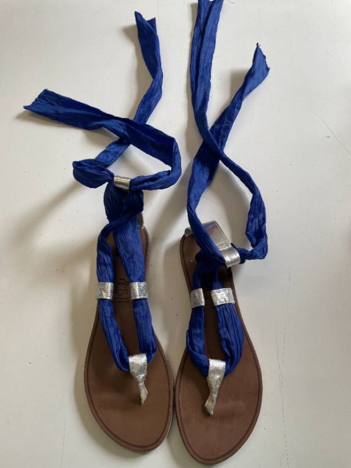 Blue & Silver Fabric Grecian Tie Up Sandals - Size 6