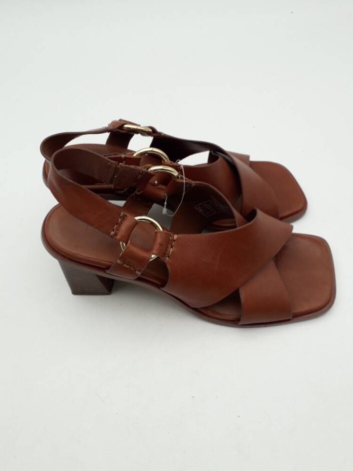Per Una M&s Women's Leather Square Toe Block Heel Sandals Colour:  Brown Size: Uk 6 New