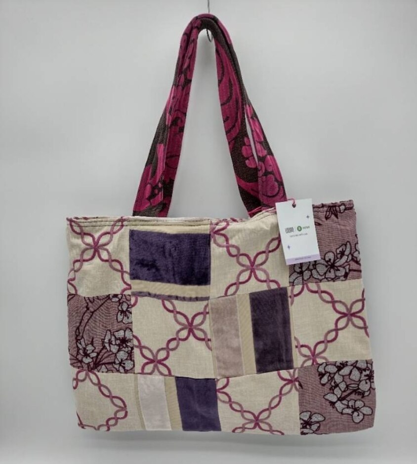 Oxfam X Loom Reversible Tote Bag Exclusive Upcycled Collection Burgundy- Purple Beige Velvet Floral