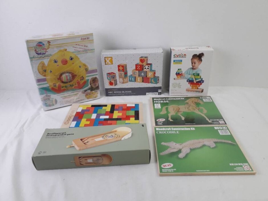 7pcs Toy Bundle Magic Egg Abc Wood Blocks Wooded Clock Coogam Pinball Game Wood Construction Kits