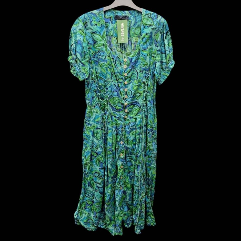 Vintage Debenhams 100% Cotton Dress Green Mix Size: 14