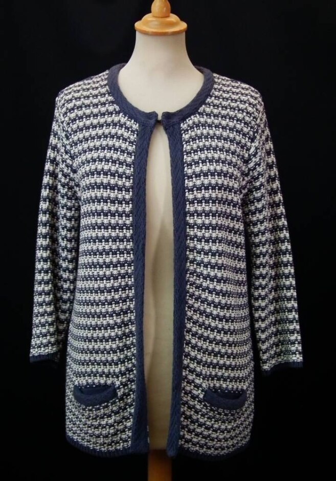 Woolovers Linen Open Cardigan Blue & White Size: S