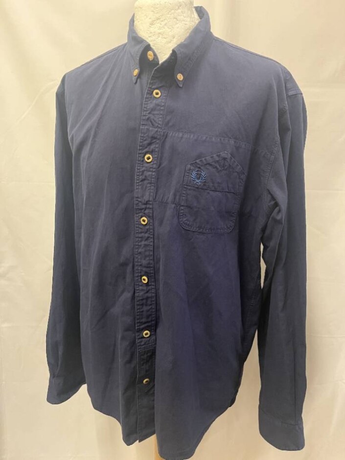 Fred Perry Cotton Long Sleeve Logo Shirt Navy Blue Size: L