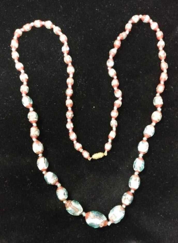 Foiled Murano Glass Necklace, Silver/turquoise & Red, 30"/78cm L.