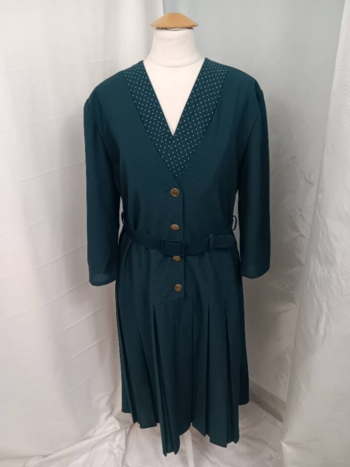 Bnwt Debenhams Classics 1980's Drop Waist Belted Dress Green Size: 12