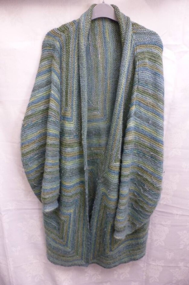 Hand Knit  Open Front Long Cardigan Green Yellow Size: Xxl