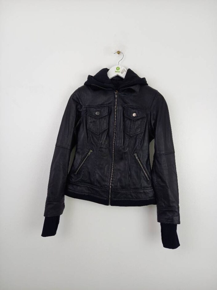 Real Leather Women's Hooded Leather Jacket Black Size: Xs