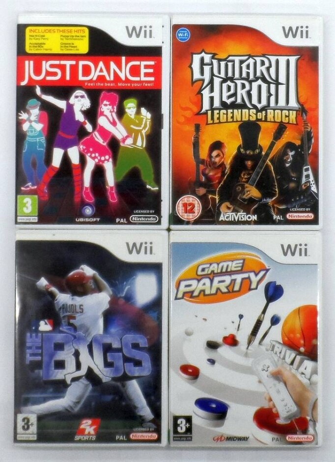 Collection Of 4 Nintendo Wii Games - Just Dance, Guitar Hero Iii, The Bigs, And Game Party