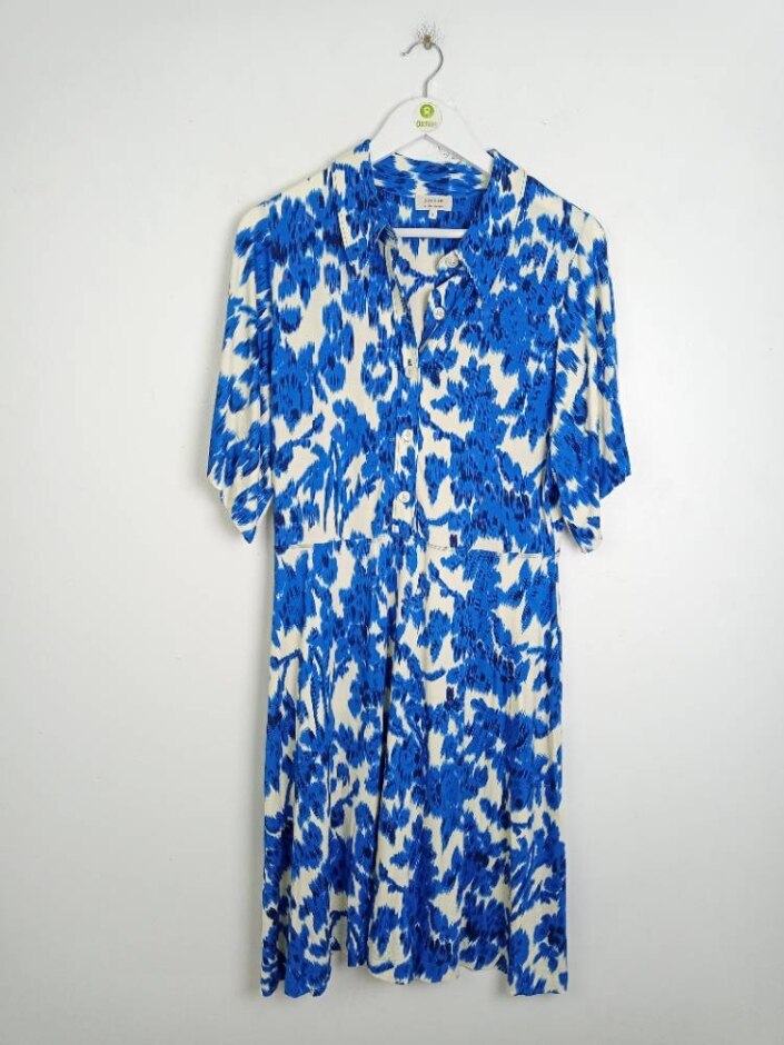 Jigsaw Vintage Style Shirt Dress Blue Patterned Size: L