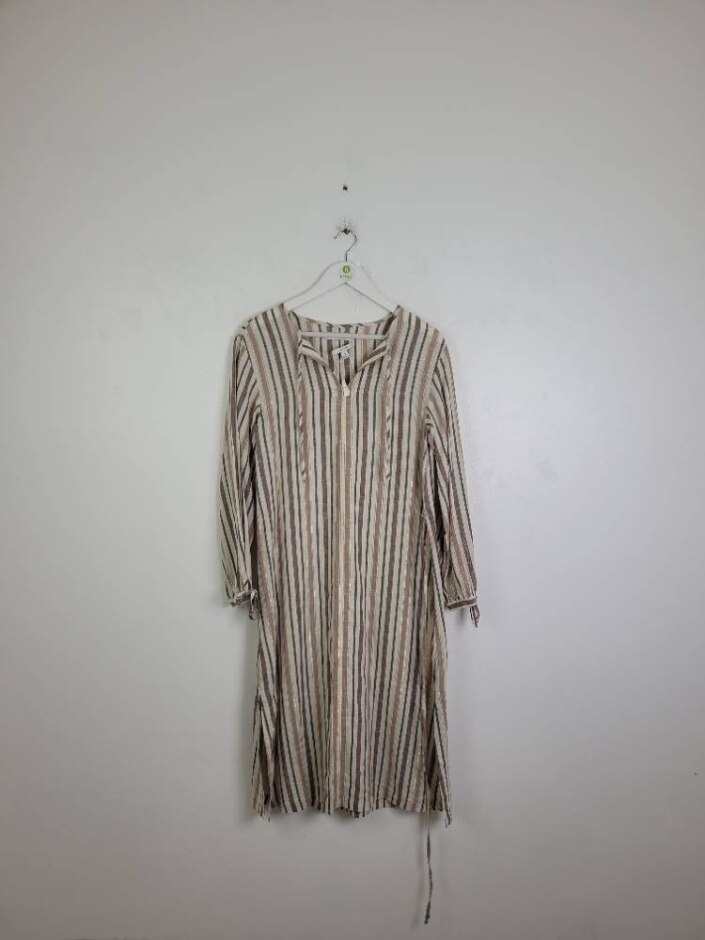 M&s Marks & Spencer Linen Blend Dress Long Sleeves Beige Striped Size: 6