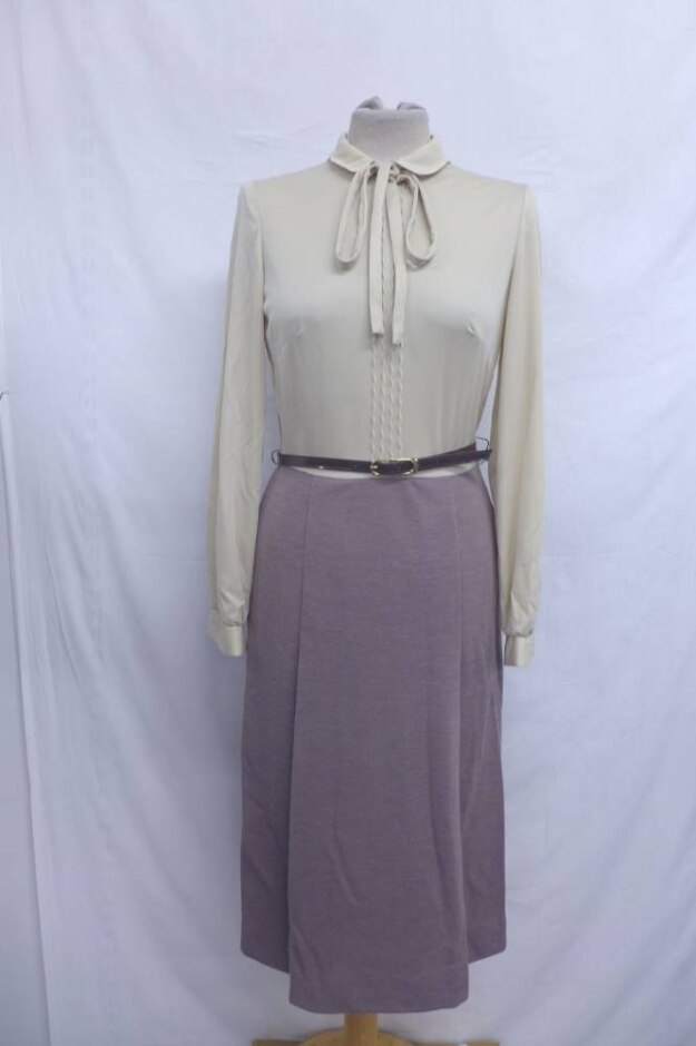 Vintage Chiffon Contrast Dress Cream & Brown Size: 12