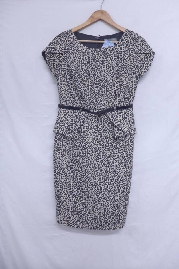M&s Women Jaguar Print Belted Dress Cream & Black Size: 6
