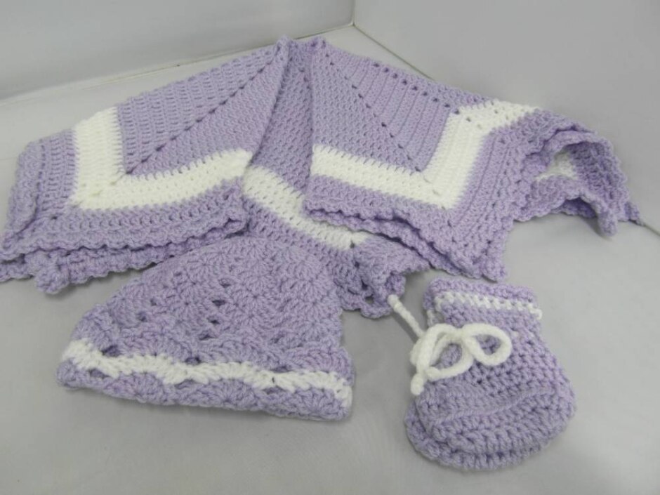 Crochet Shawl Booties And Hat Lilac/white Size: 0-3 Months
