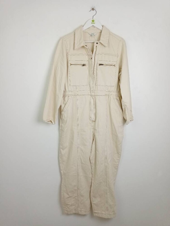M&s Marks & Spencer Long Sleeve Denim Zip Jumpsuit Ivory Size: 18