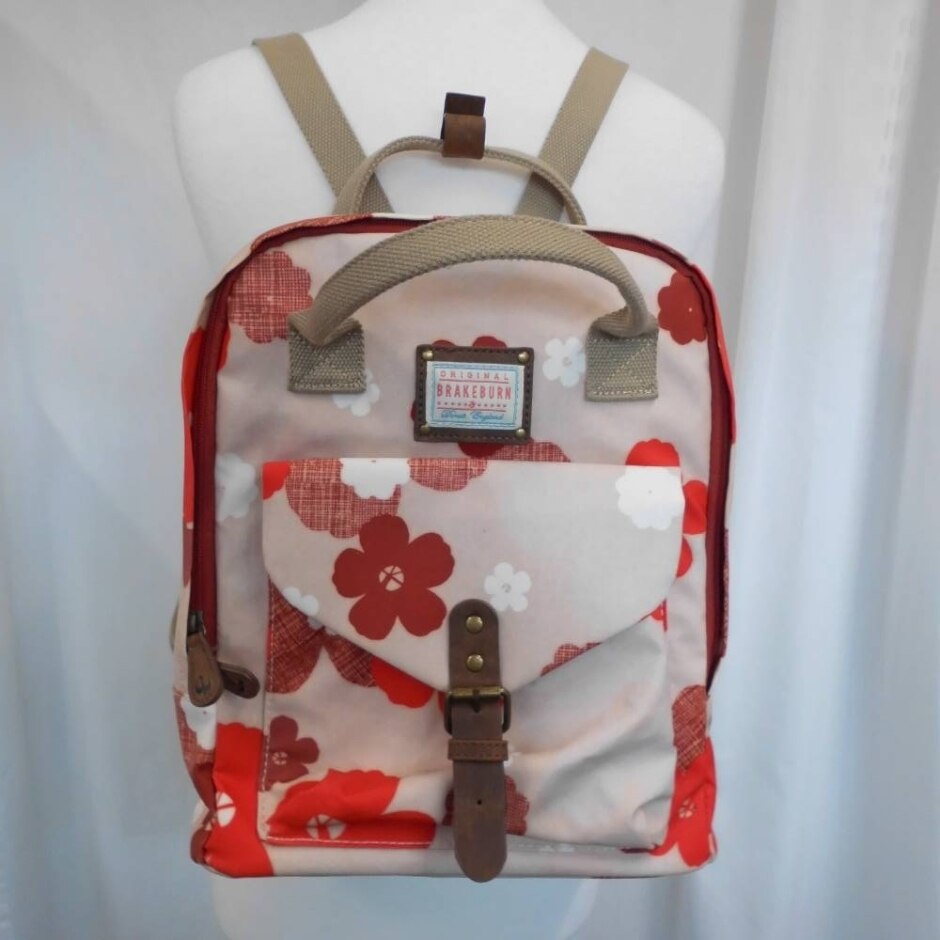 Bnwot Brakeburn Pink Flowered Oilcloth Backpack With Webbed Straps And Top Handle, Front Pocket