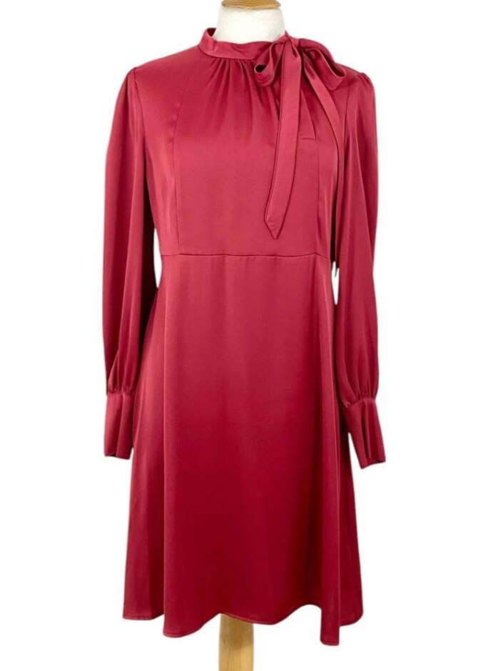 M&s Collection Tie-neck Satin Dress Cherry Size: 12