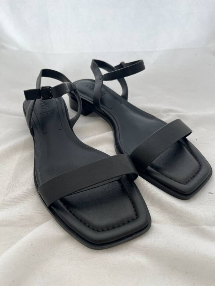 M&s Collection Black Leather Wide Fit Ankle Strap Block Heel Sandals Uk4.5