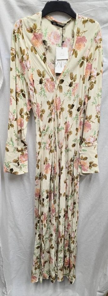 New Zara Long Floral Dress Cream Pink Mix Size: 12