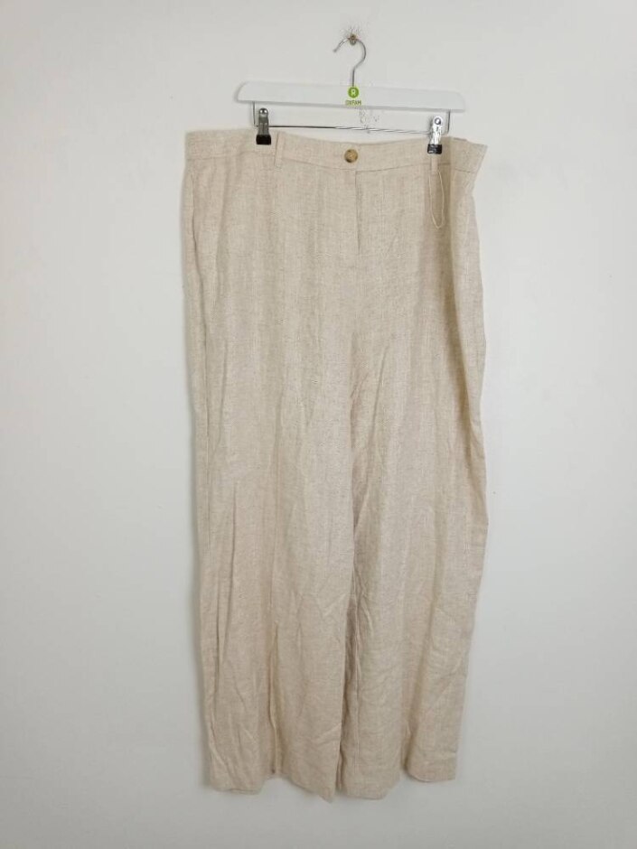 M&s Long Straight Wide Leg Linen Trousers Beige Size: 20