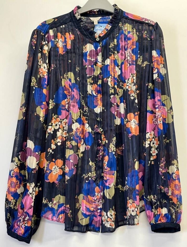 Jigsaw Sheer Blouse In Navy Floral Size: 14