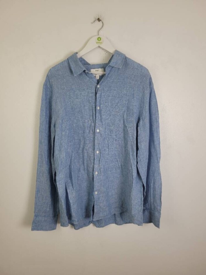 M&s Marks & Spencer Pure Linen Shirt Long Sleeves Blue Size: Xl