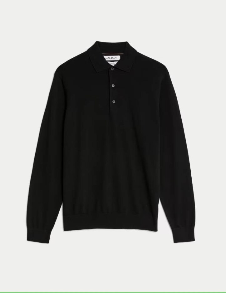 Pure Extra Fine Merino Wool Knitted Polo Shirt 2 X Xl Merino Wool Black Size: Xxxl