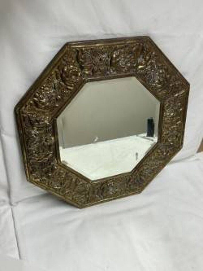Antique Arts & Crafts Style Octagonal Mirror Embossed Brass Flowers 1920`s Ca Uk