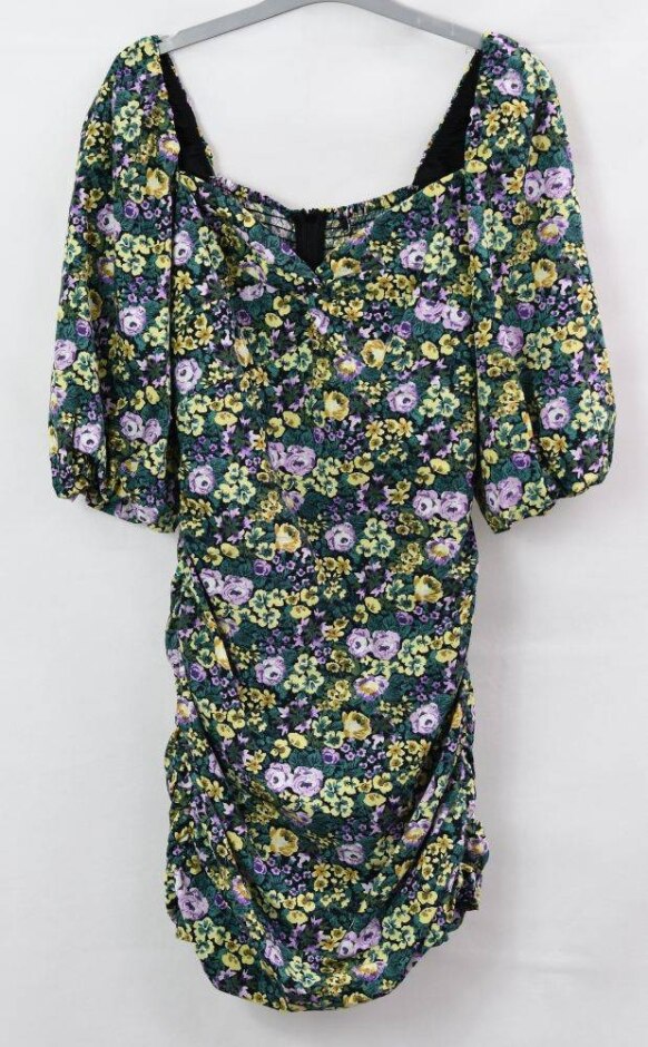 Bershka Cotton Floral Dress Green Size: S