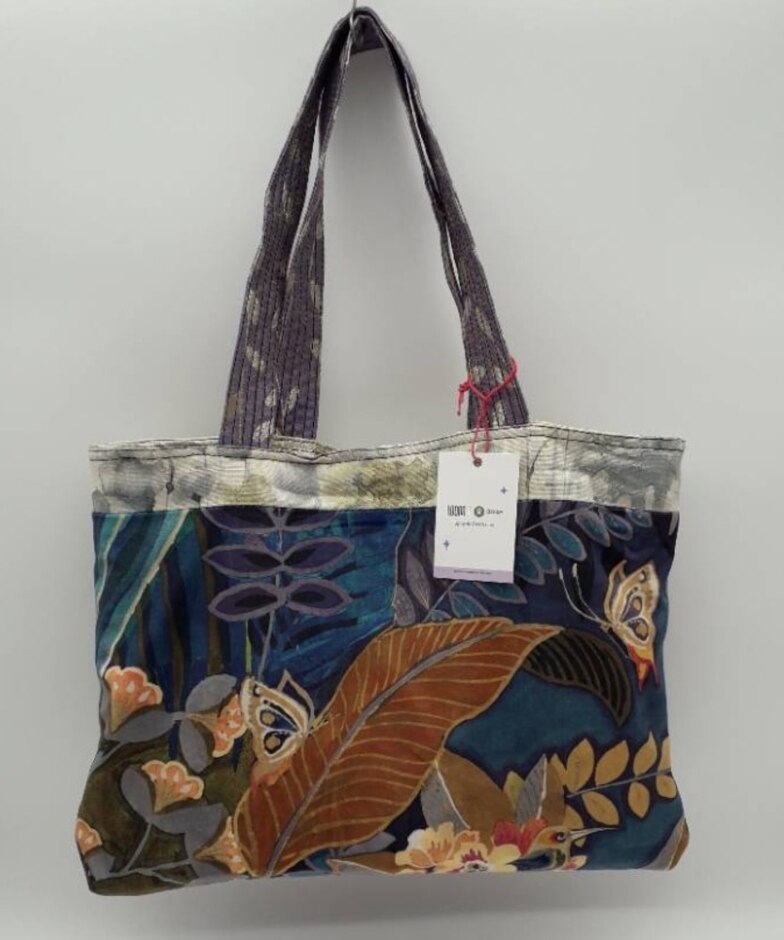Oxfam X Loom Reversible Tote Bag Exclusive Upcycled Collection Beige - Mauve Velvet Butterfly Flower