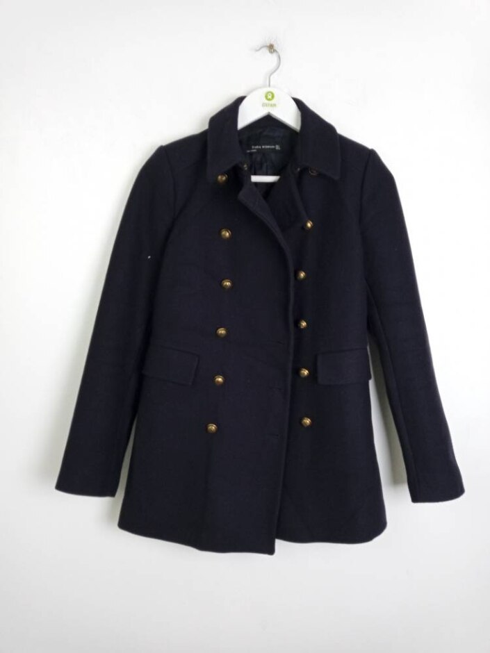 Zara Woman Double Breasted Coat Navy Blue Size: S