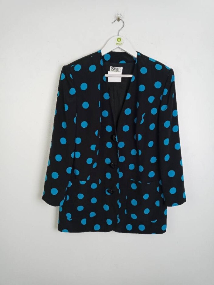 Fink Modell Vintage Padded Shoulder Blazer Black Blue Spot Size: 16