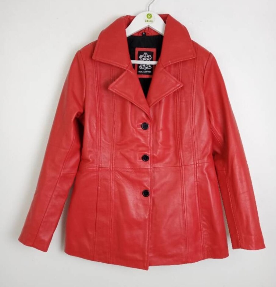 Bitonto Genuine Leather Blazer Jacket Red Size: M