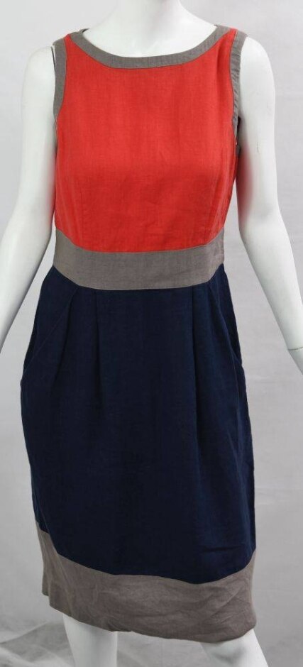 John Lewis Linen Sleeveless Banded Dress Red / Navy Size: 10