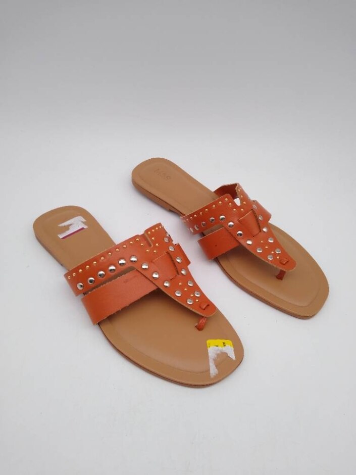 M&s Studded Leather Strap Flat Slip-on Sandals In Tan Size 6 / 39.5 New