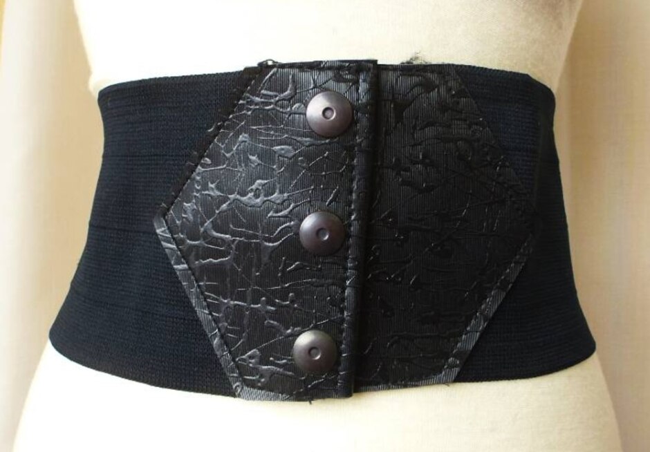 Vintage 80s Black Pvc Elastic Stretch Popper Wide Corset Belt - Small