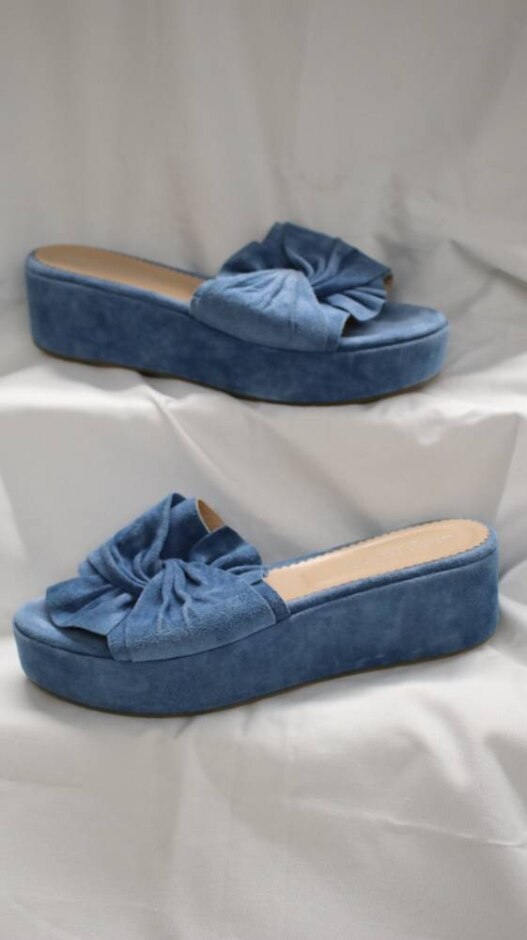 Morena Gabbrielli Blue Suede Twist Top Wedge Mule Sandals