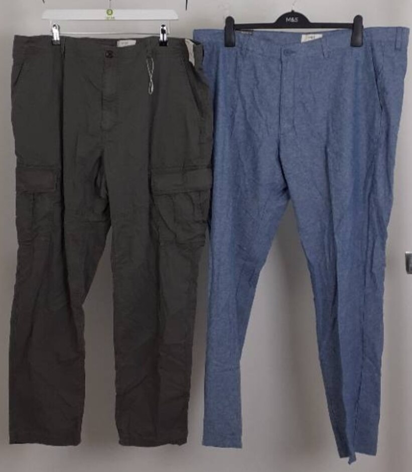 M&s Men's 2xbundle Linen  Regular & Cargo Trousers New L 31" Blue/gree Size: 44