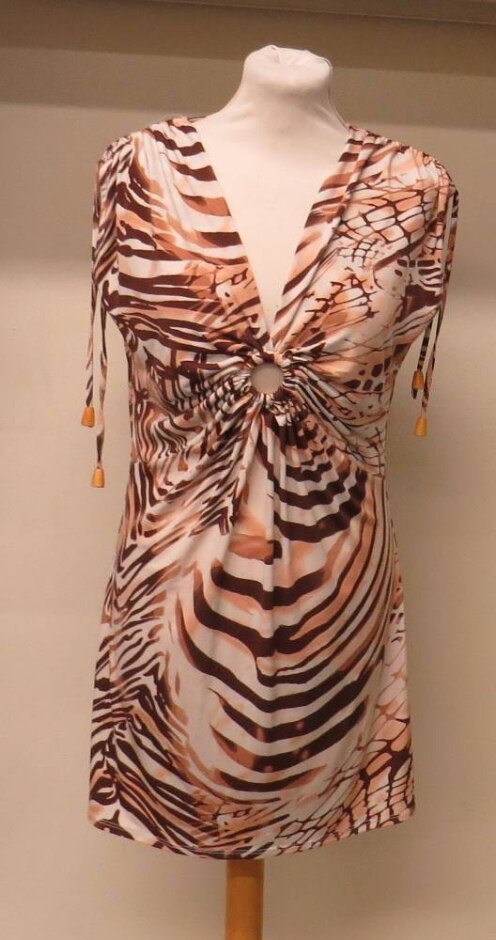 River Island Sleeveless V Neck Dress White Brown Size: 10