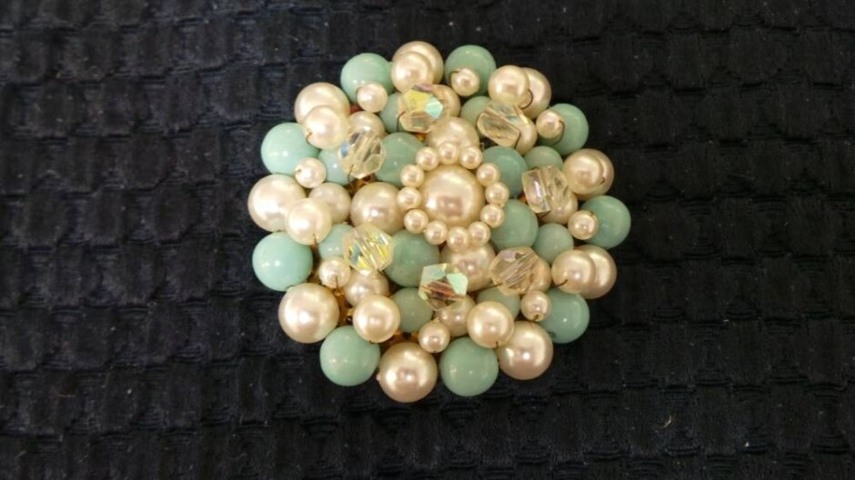 Pretty Faux Pearl, Turquoise Blue And  Aurora Borealis Cluster Round Brooch