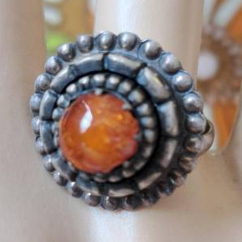 Vintage Boho White Metal And Amber Statement Ring - Size P