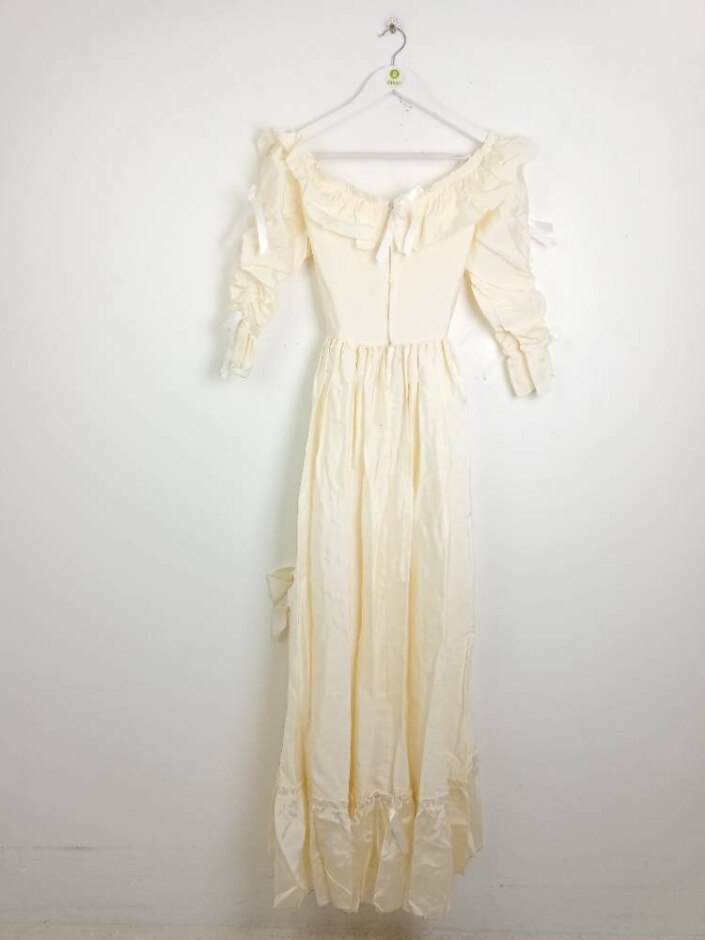 Unbranded Vintage Wedding Dress Size S Ivory 3/4 Sleeves Bow Details Belted Frill Trims
