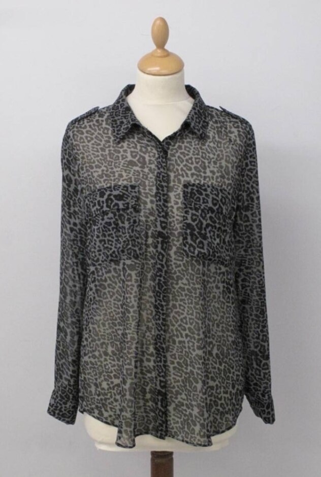 Mint Velvet Leopard Print Button Up Top Black & Green Size: 14