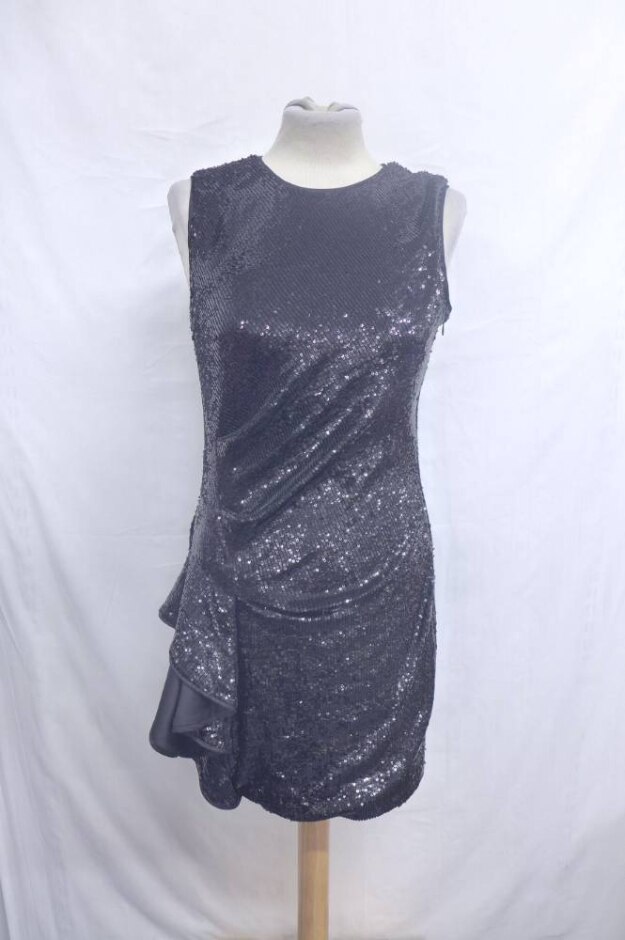 Karen Millen Rippling Hemline Sequin Dress Onyx Black Size: 10