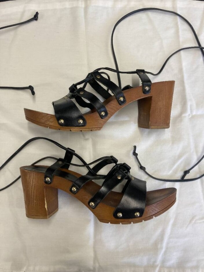 River Island Leather & Wooden Platform Heeled Lace Up Sandals - Size 39 Eu