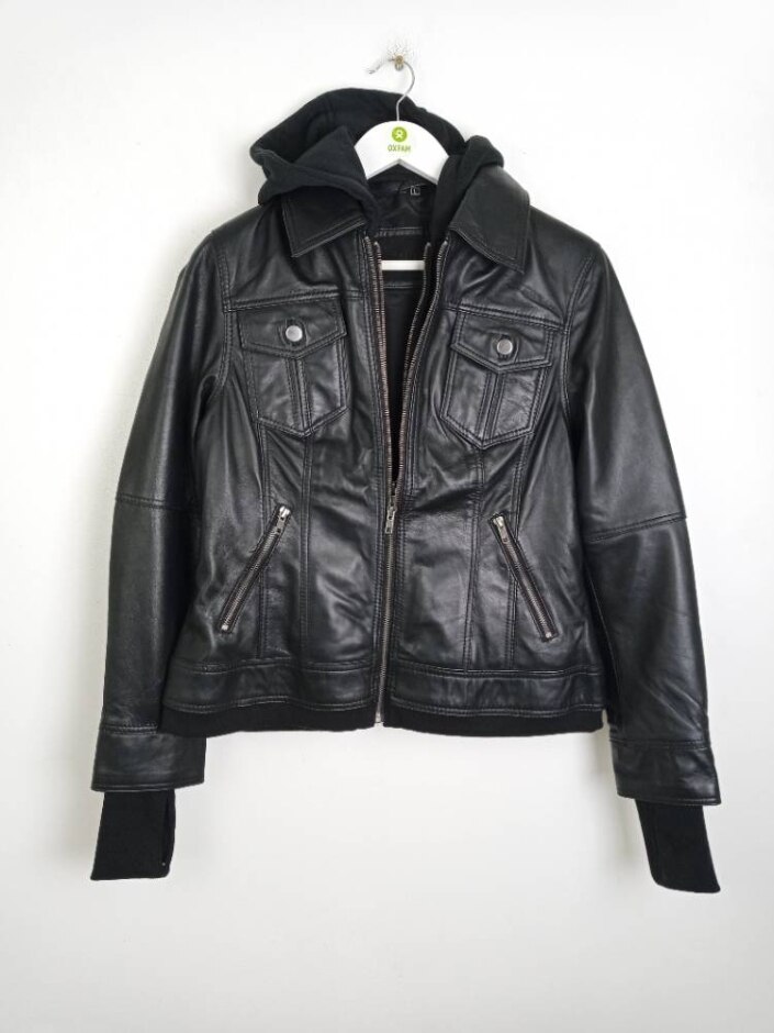 Real Leather Sample Women's Betty Hooded Zipthrough Jacket Black Size: L