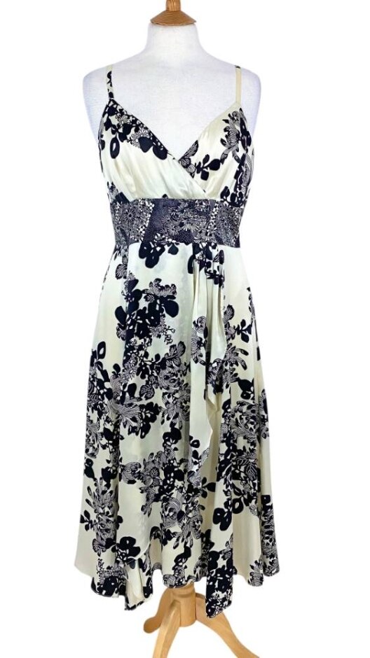 Monsoon Pure Silk Satin Sun Dress Cream & Black Size: 12